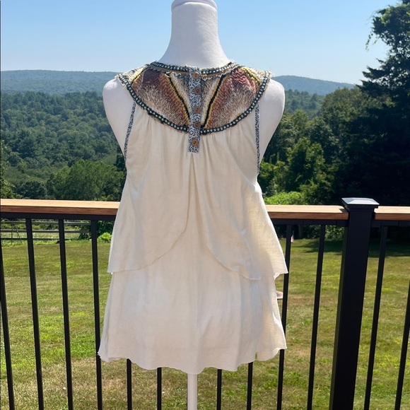 VTG Free People Embellished Boho Tank Top Beaded Yoke Ivory Size S asymetrical - Picture 6 of 10